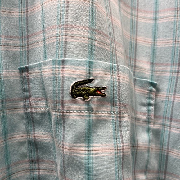 LACOSTE short sleeve blue plaid button up shirt, men’s medium 💯 cotton - Picture 11 of 12